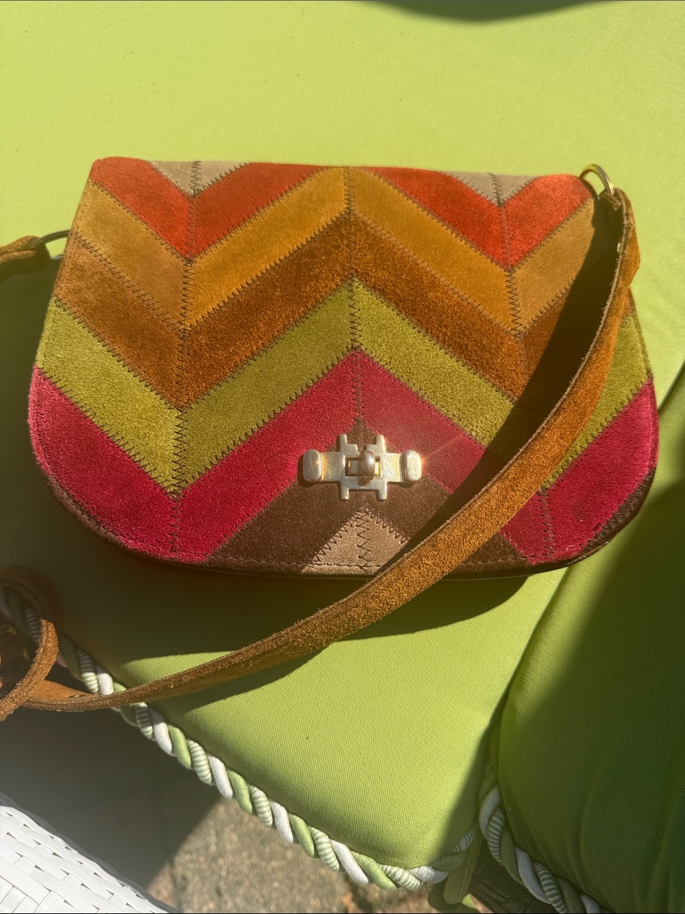Vintage 1970s Suede Chevron Shoulder Bag- tano of madrid GUC rare find!
